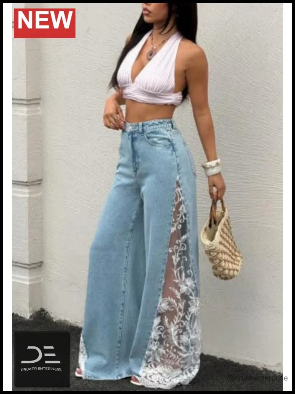 Geulis Floral Lace Wide Leg Jeans High Waisted Baggy Denim Pants
